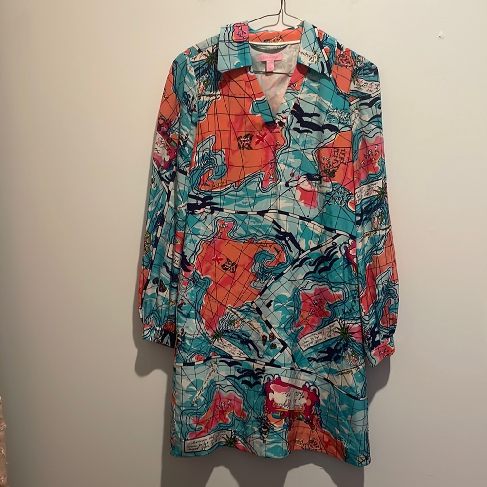 Lilly Pulitzer Turquoise and Coral Map-Print Shift Dress